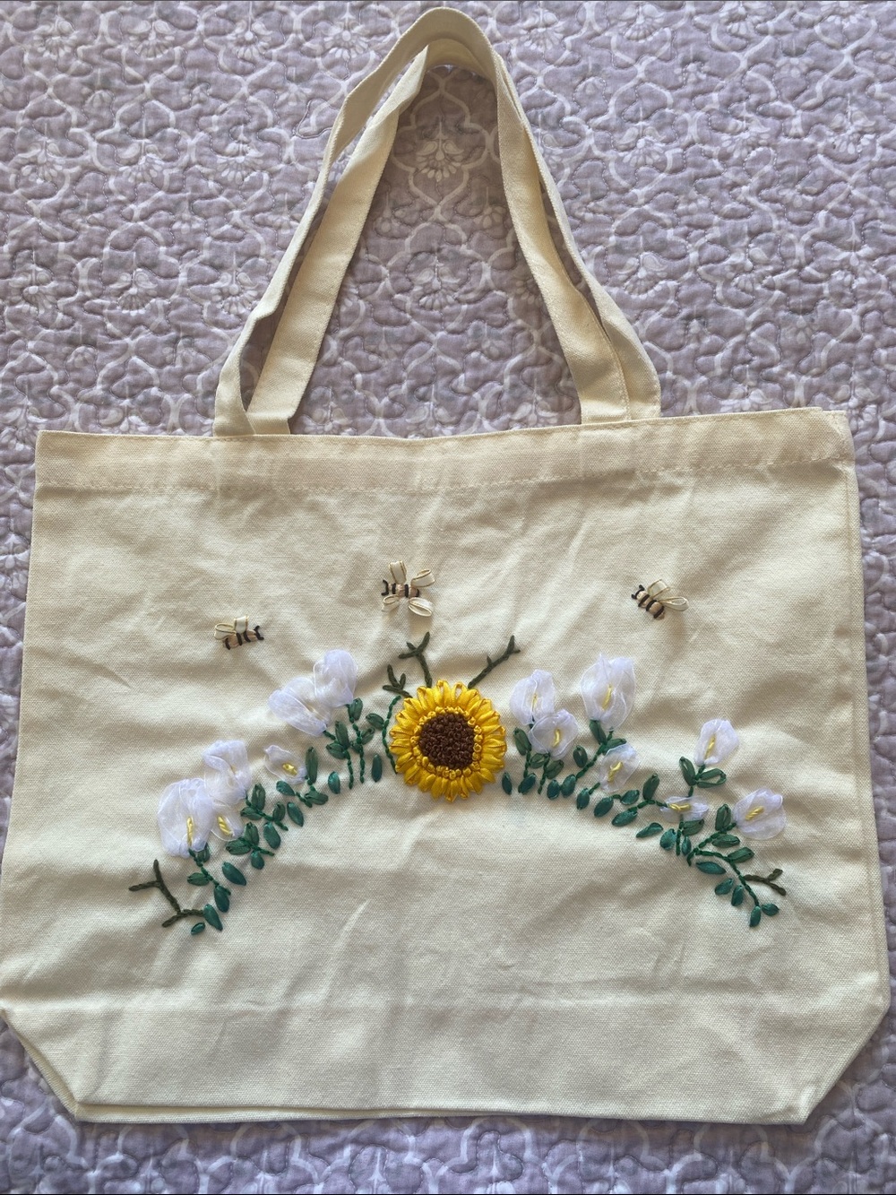 Embroidered Sunflower Canvas Tote Bag in Cream